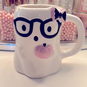 Ghost mug with glasses, pink and black bow and pink pumpkin
